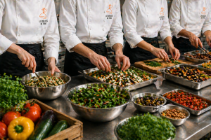 Équipe cuisine Les Délices de Thau préparant des plats faits maison avec des produits frais dans un laboratoire traiteur dans l’Hérault