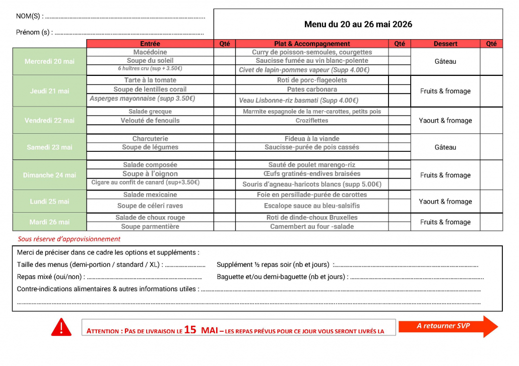 Menu du 20 mai au 26 mai 2026 Les Délices de Thau