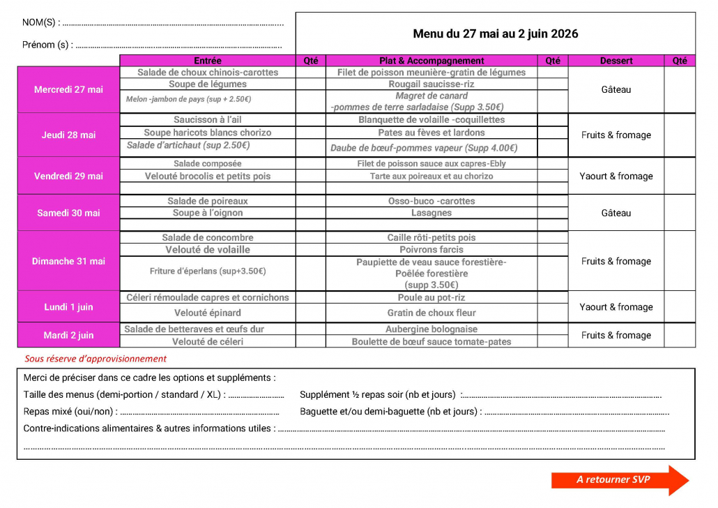 Menu du 27 mai au 2 juin 2026 Les Délices de Thau
