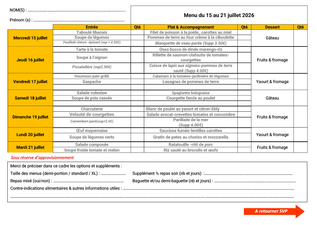 Menu du 15 au 21 juillet 2026 - Délices de Thau Menu du 15 au 21 juillet 2026 - Délices de Thau