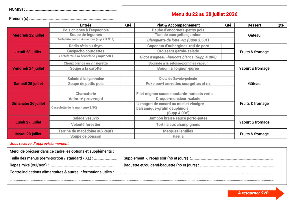 Menu du 22 au 28 juillet 2026 Délices de Thau Menu du 22 au 28 juillet 2026 Délices de Thau